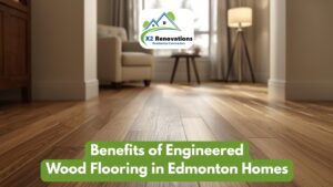 Engineered wood flooring installation in Edmonton home by X2 Renovations